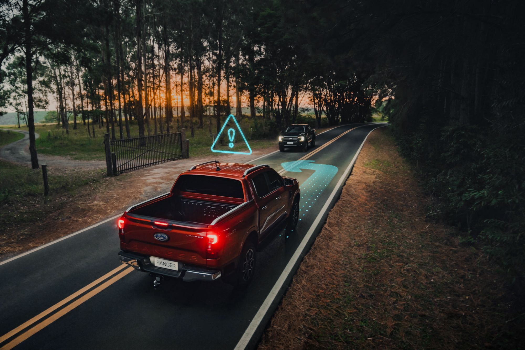 Ilustração CGI do assistente de cruzamento do Ford Ranger 2024